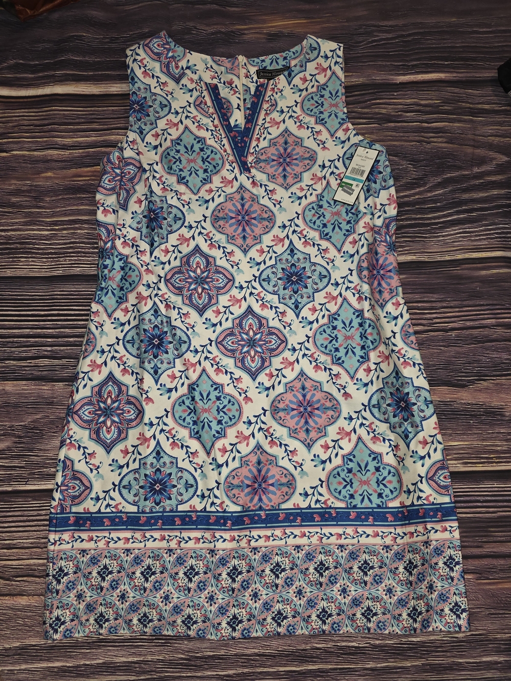 Jessica Howard White Sleeveless Shift Dress with Blue & Pink Tile Print
